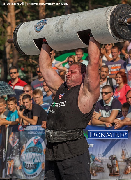 Austrian strongman Martin Wildauer at SCL Serbia competing without sleeves in the log lift—an example of the raw power that SCL feels is true to strongman and strikingly different from what SCL co-founder Marcel Mostert calls “neoprene-encased, gutless Teletubbies.” IronMind® | Photo courtesy of SCL 