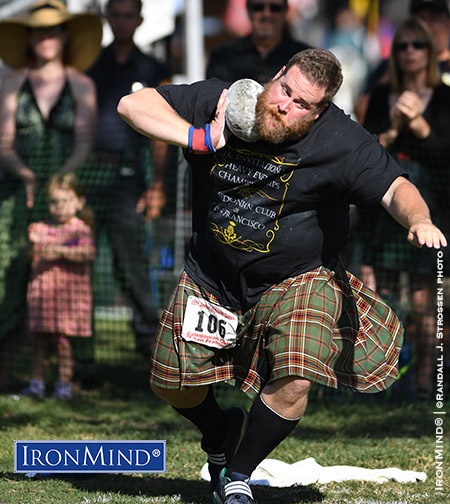 Spencer Tyler opened the second day of the 2016 US Invitational Heavy Events Championships with a convincing win in the open stone, on his way to claiming the overall title. IronMind® | ©Randall J. Strossen photo