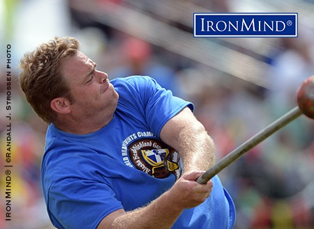 dan mckim 16lb hammer 2016 IHGF wc Dan McKim won the 16-kb. hammer today at the 2016 IHGF Highland Games World Championships, setting a field record, and he goes into the second day, tomorrow, as the overall leader. IronMind® | ©Randall J. Strossen photo