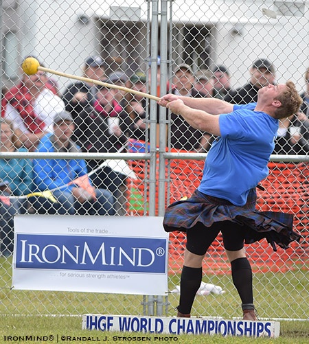 Winning the heavy hammer on day two, just as he had the light hammer the day before, helped Dan McKim capture his fourth IHGF World Highland Games Championships. IronMind® | Randall J. Strossen photo