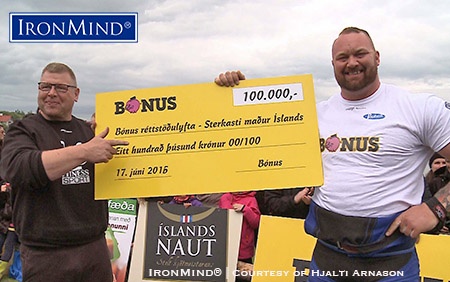 Hafthor Julius Bjornsson won US$800 special prize in the deadlift at the 2016 Iceland’s Strongest Man contest. IronMind® | Photo courtesy of Hjalti Arnason