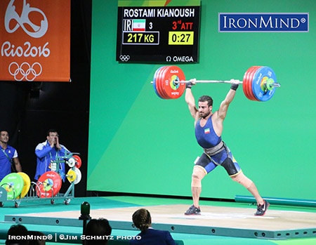 He missed his opener, 215 kg, but when it really counted, Kianoush Rostami (Iran) made this third attempt 217-kg lift, to win the gold medal in the men’s 85-kg class of weightlifting at the Rio Olympics. IronMind® | ©Jim Schmitz photo