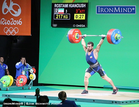 kianoush rostami 217 kg rio He missed his opener, 215 kg, but when it really counted, Kianoush Rostami (Iran) made this third attempt 217-kg lift, to win the gold medal in the men’s 85-kg class of weightlifting at the Rio Olympics. IronMind® | ©Jim Schmitz photo