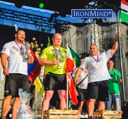 Here’s the podium from the Nestville World Cup strongman competition in Slovakia: Igor Petrik (left), Rafal Kobylarz (center) and Akos Nagy (right). IronMind® | © Peter Závadský photo