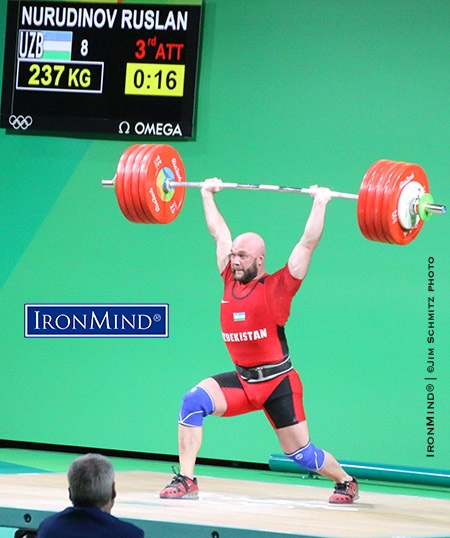 ruslan nurudinov 237 kg rio Ruslan Nurudinov stuck this 237-kg Olympic record clean and jerk in the 105-kg class in Rio. IronMind® | ©Jim Schmitz photo