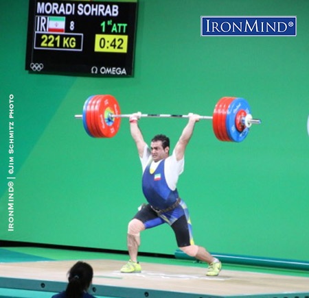 Sahrab Moradi (Iran) only needed this first attempt clean and jerk (221 kg) to win the gold medal in the men’s 94-kg class in weightlifting at the Rio Olympics. IronMind® | ©Jim Schmitz photo
