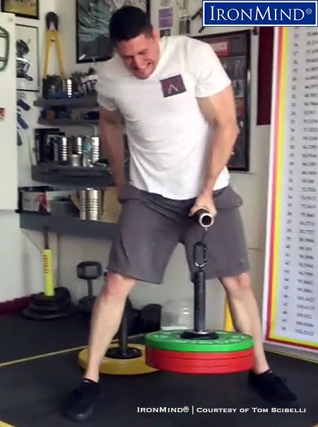 Tom Scibelli pulls 90 kg on the Rolling Thunder, one of three elements in the the Crushed-to-Dust! Challenge, a test of all-around grip strength. IronMind® | Image courtesy of Tom Scibelli