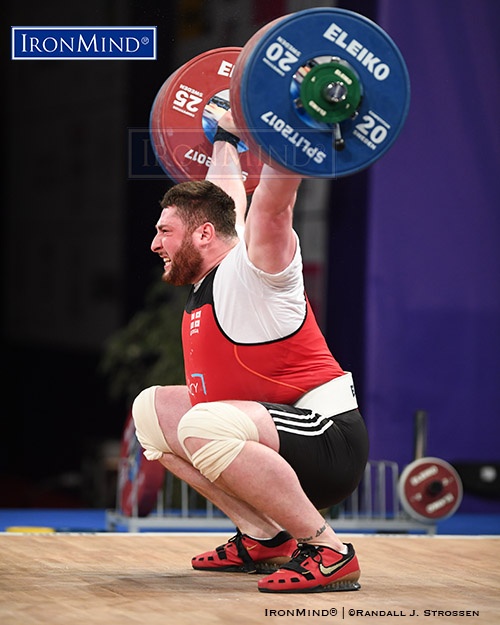 Lasha Talakhadze (Georgia), the Rio Olympic champion, blistered this 217-kg snatch at the 2017 European Weightlifting Championships, for a new world record. IronMind® | ©Randall J. Strossen photo