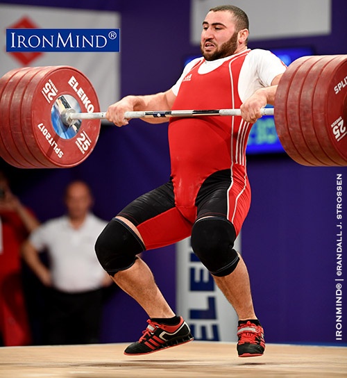 There was a lot of red on the board in the 105-kg class at the 2017 European Weightlifting Championships, which was won by Simon Martirosyan. Martirosyan’s performance included this 230-kg clean and jerk. IronMind® | ©Randall J. Strossen photo