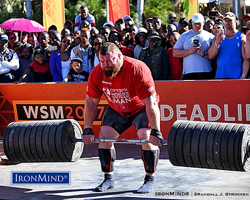 (UK) won the 40th anniversary edition of the World’s Strongest Man contest today with a performance that included this 472.5-kg deadlift. IronMind® | ©Randall J. Strossen photo