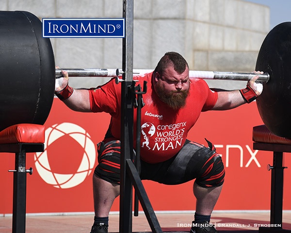 Eddie Hall pounded out a winning 15 reps on the squat, which used a stretched IronMind Apollon’s Axle fitted with massive globes and weighed 700 lb. IronMind® | ©Randall J. Strossen photo