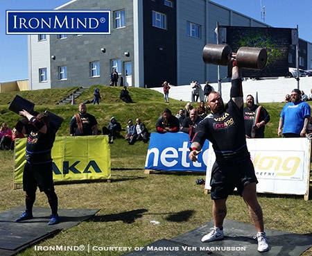 hafthor strongest man in iceland 2017 Hafthor Julius Bjornsson (right) on the dumbbell press at the Strongest Man in Iceland Viking Challenge, which he won. IronMind® | Courtesy of Magnus Ver Magnusson