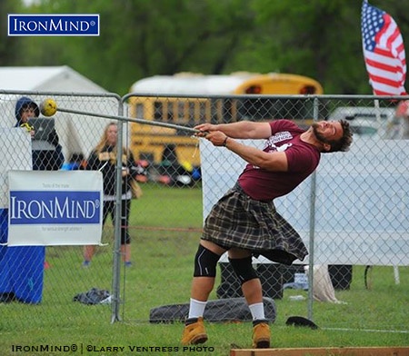 Standout performances on both hammers contributed to Skylar Arneson’s victory at the Great Plains Renaissance Festival & Highland Games, which qualified him for the IHGF All-American Championships. IronMind® | Photo courtesy of Larry Ventress
