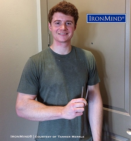 Tanner Merkle, a competitive rock climber who works as a respiratory therapist, has just been certified on the IronMind Red Nail—making it official that he’s a steel bender to be reckoned with. IronMind® | Courtesy of Tanner Merkle