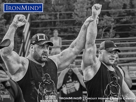 Jean-François Caron (left), who won his eighth consecutive Canada’s Strongest Man title this weekend, shown with Jimmy Paquet, the other half of what Paul Ohl calls, “The Canadian Dynamic Duo.” IronMind® |  Courtesy Circuit Hommes Forts Canada