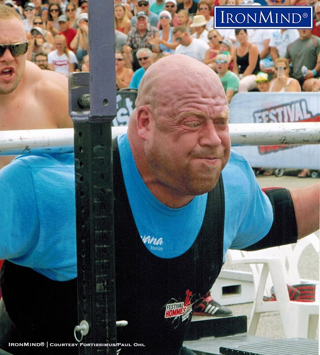 Jean-François Caron (Canada), shown battling it out with Martins Licis at the Arnold Pro Strongman World Series in Warwick, Canada in July. Both men, incidentally, knocked off 11 reps with the 720-lb. load. IronMind® | Photo courtesy of Fortissimus/Paul Ohl 