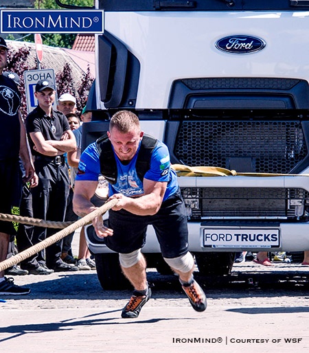 Second in the Truck Pull and first overall, Oleksandr Kochergin (Ukraine) won the WSF World Championship under 110 kg ”in a very convincing style.” IronMind® | Courtesy of WSF/FSU
