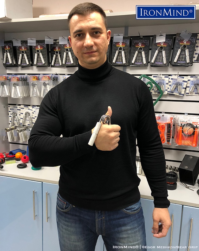 Key account manager and Sambo wrestler Sergey Likhutyev has just been certified on the Captains of Crush No. 3 gripper . . . certification on the Captains of Crush No. 3.5 gripper is next on his list. IronMind® | Photo courtesy of Egor Meshkov/BearGrip