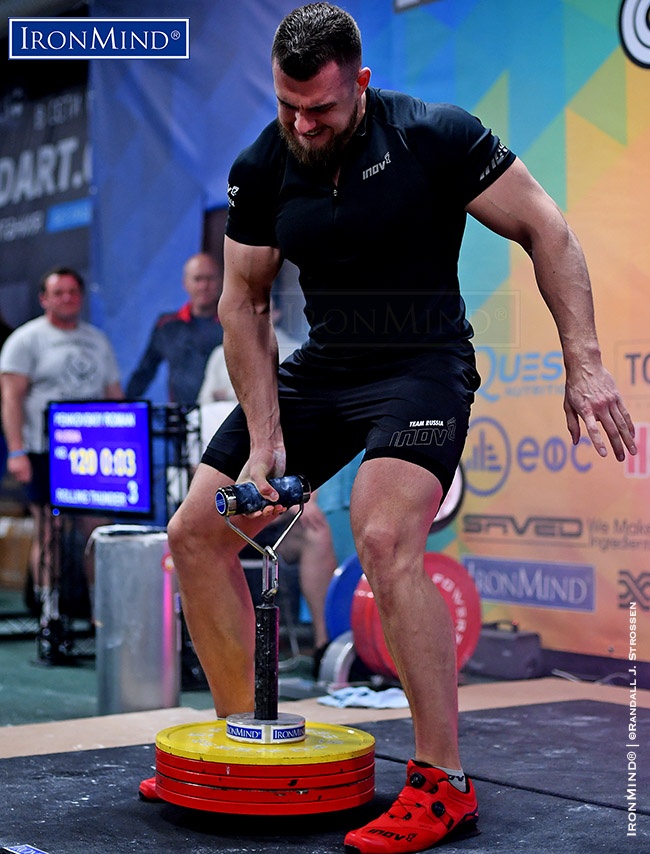 Roman Penkovskiy (Russia) will not be competing in San Diego this Sunday, but he’s a veteran of Odd Haugen grip contests. Want to see how you stack up compared to Roman? See if you can lift 120 kg on the Rolling Thunder. IronMind® | ©Randall J. Strossen photo