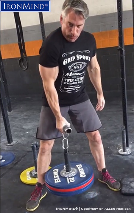 Adam Cohen lifted 90 kg on the Rolling Thunder, one element of the Crushed-To-Dust Challenge—a quick and fun way to prove one has super all-around grip strength. IronMind® | Courtesy of Allen Heineck