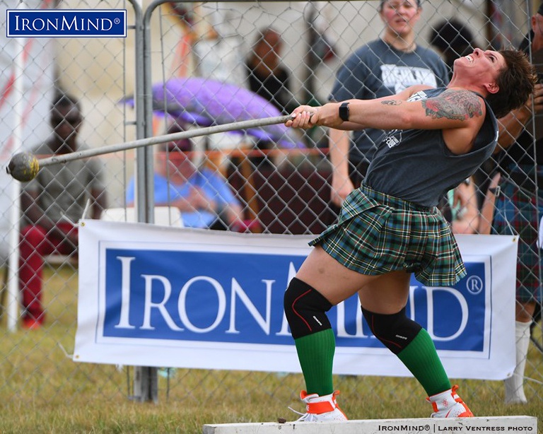 Denise Greene on her way to victory at the IHGF All-American Highland Games finals, hosted by the Great Plains Renaissance Festival. IronMind® | Photo courtesy of Larry Ventress