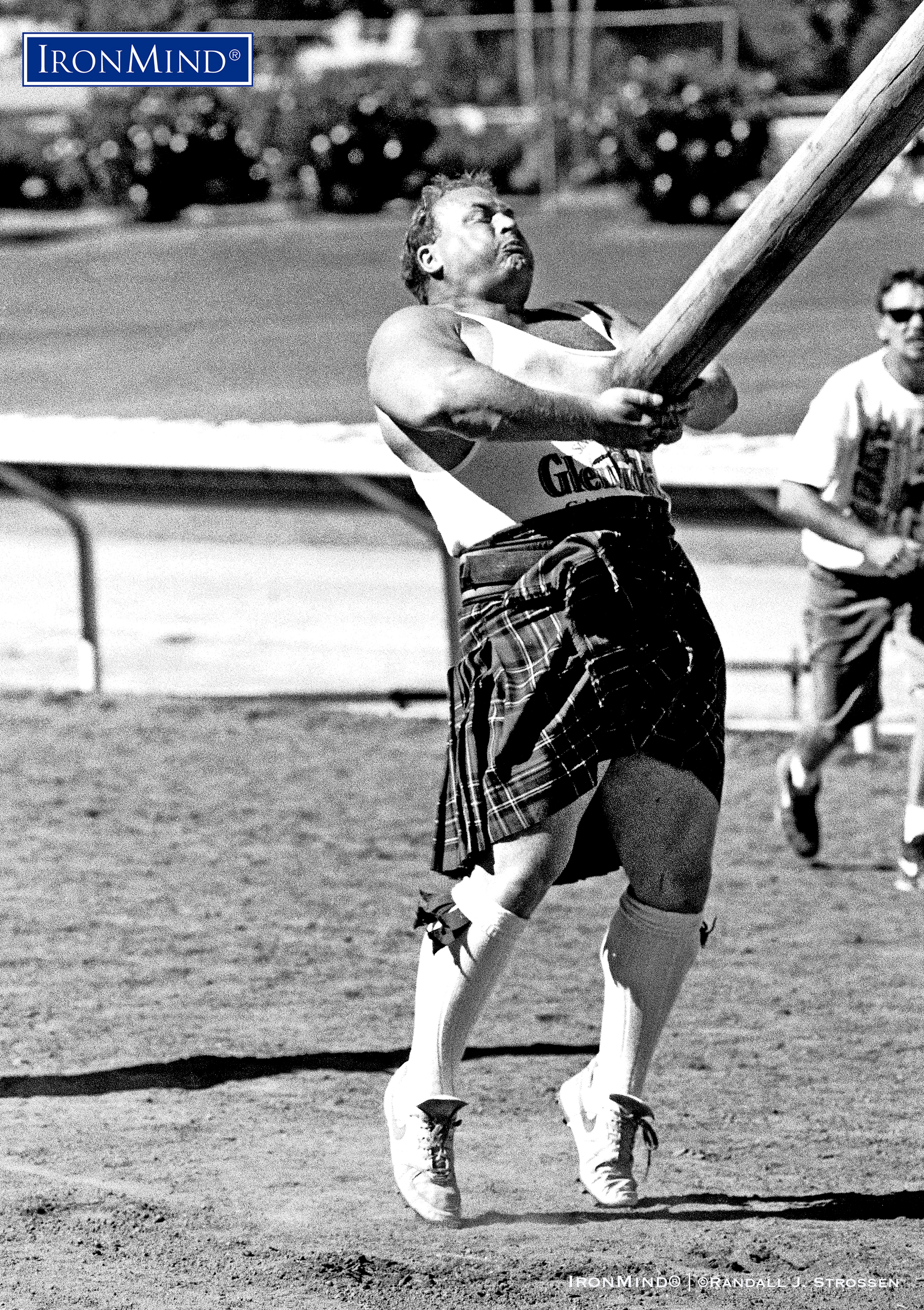 When Francis Brebner (shown tossing the caber in Pleasanton, 1996) retired from competition, he never left the Highland Games and now—as president of the IHGF—Brebner has a worldwide series of contests that provide a platform for athletes to enter and advance in the sport. IronMind® | ©Randall J. Strossen photo