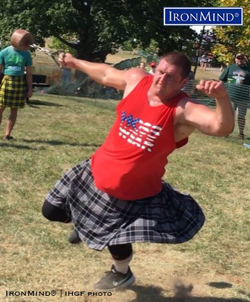 Garrett Blatnik on his way to winning the Men’s A class at the 2019 Dublin (Ohio) Irish Festival Highland Games, where he edged out Jared Conklin on countback. IronMind® | IHGF photo