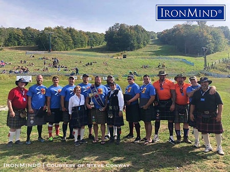 Loon Mountain was the site of 2019 Highland Games World Championships, which were dominated by Spencer Tyler (center), flanked in the lineup by Ray and Cinda d’Amante. IronMind® | Courtesy of Steve Conway