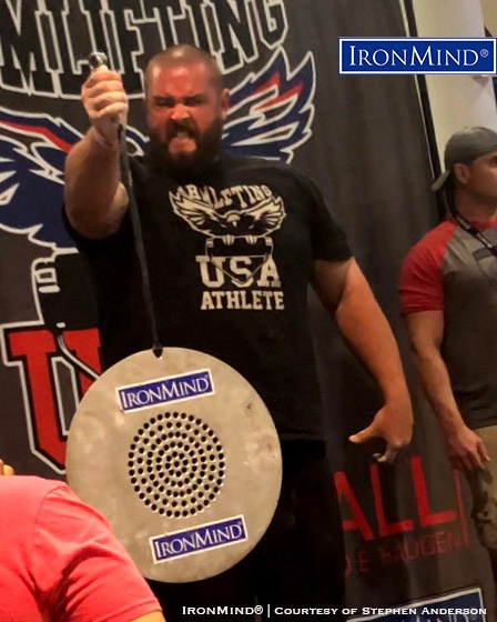 Stephen Anderson "“clocked a massive 18.35 seconds" on the CoC No. 4 Silver Bullet at the Armlifting USA Mr. Olympia competition. IronMind® | Courtesy of Stephen Anderson