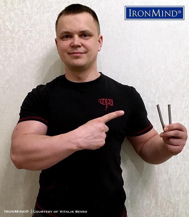 Vitalik Sevko (Russia) has just been certified on the IronMind Red Nail, a universal steel bending standard. Sevko is 36 years old, 180 cm tall and weighs 93 kg. IronMind® | Courtesy of Vitalik Sevko