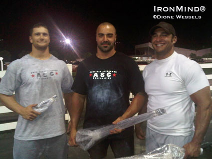 Here’s the podium from the ASC 105-kg America’s Strongest Man contest: Dave Mihalov won, Beau Gertz was second and Justin Blake was third.  IronMind® | Photo courtesy of Dione Wessels.