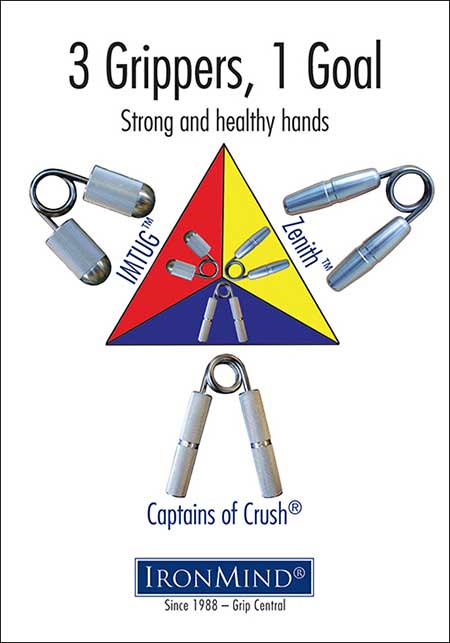 Captains of Crush, IMTUG and Zenith grippers are IronMind’s triple team for superior grip strength and hand health—use them individually or in combination for the quickest gains in the shortest time.  Artwork ©IronMind Enterprises, Inc.