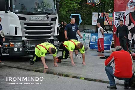 adam-eurosm-14_lg The Truck Pull was one the classic strongman events modified for the team format used in the Scitec European Strongest Team Challenge.  IronMind® | Photo courtesy of Adam Darusz