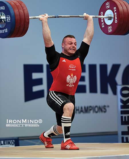 After making a solid clean, Adrian Zielinski missed the jerk on this 215-kg third attempt, but by then he had already won the snatch and total gold medals in the 94-kg class at the European Weightlifting Championships.  IronMind® | Randall J. Strossen photo