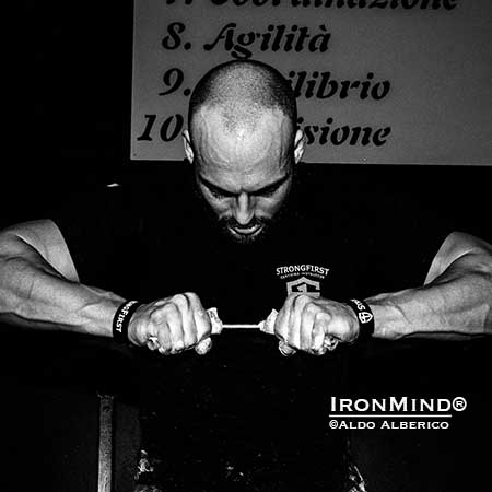 5’ 10” tall (178 cm) and 187 lb. (85 kg) Aldo Alberico has become the first man in Italy to officially bend the IronMind Red Nail, a world standard for short steel bends.  IronMind® | Aldo Alberico photo