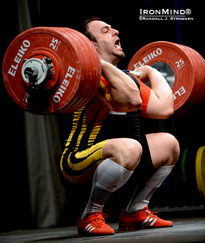 Almir Velagic looked strong on this 231-kg clean and jerk.  IronMind® | Randall J. Strossen photo.