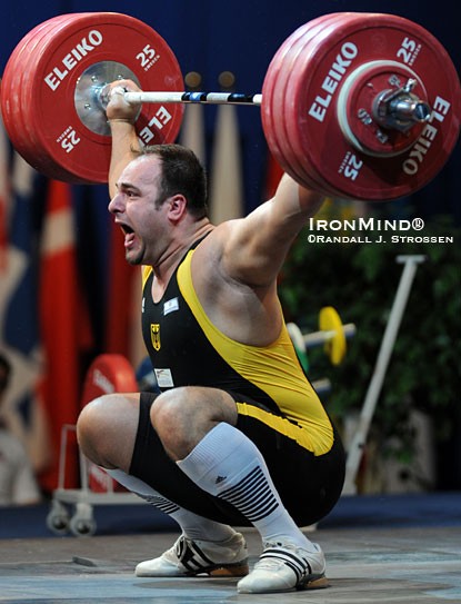 Almir Velagic sank the putt on the 190-kg snatch at the 2009 European Weightlifting Championships.  Velagic made the German team for the Europeans after his big performance at the 2009 Arnold, where Frank Mantek and his lifters would like to return in 2011.  IronMind® | Randall J. Strossen photo.
