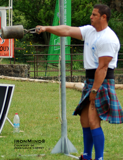 Amine Amorun, the defending French Highland Games champion, trains on the weight for height in Bressuire, France.  Photo courtesy of Jean-Louis Coppet.  IronMind® News