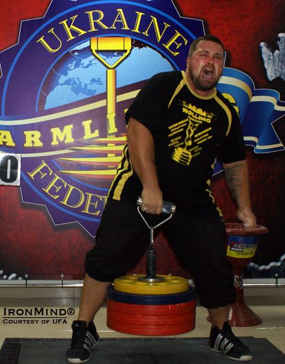 Andrey Sharkov set a new Ukrainian record on the Rolling Thunder, 114 kg, at the Ukrainian Armlifting Championships.  IronMind® | Courtesy of UFA.