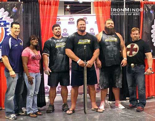 Dione Wessels (second from left) and ASC crowned Mike Burke (center) in the 2012 America’s Strongest Man® contest.  IronMind® | Photo courtesy of ASC.