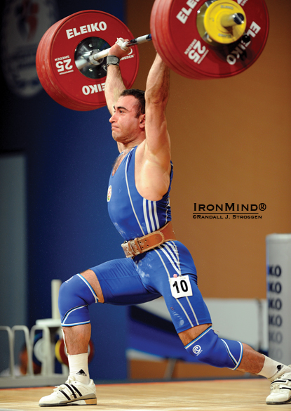 He was 15 kg down after the snatch, but hitting this 178-kg clean and jerk gave Afgan Bayramov the gold medal in the jerk and in the total in the 69-kg category at the 2012 European Weightlifting Championships.  IronMind® | Randall J. Strossen photo.