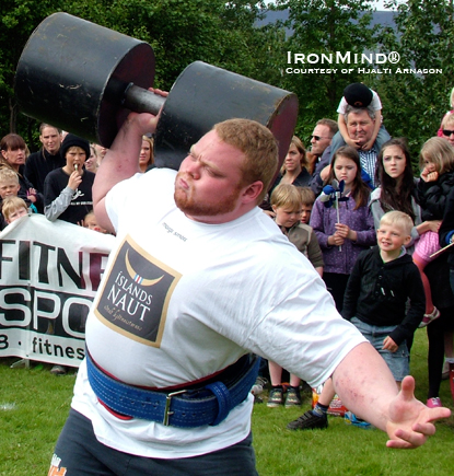 Benedikt Magnusson, known as the man who can deadlift anything that’s not nailed to the floor and just about anything that is, will be competing at the upcoming Jon Pall Sigmarsson Classic.  Benedikt Magnusson won the 85-kg Circus Dumbbell lift at the recent Iceland’s Strongest Man contest.  IronMind® | Photo courtesy of Hjalti Arnason.