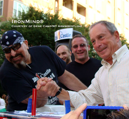 New York Mayor Michael Bloomberg (right) mows down NY Arm Wrestling founder and president Gene Camp (left) at the 27th Annual White Castle “Kingsboro” Arm Wrestling Championships.  IronMind® | Photo courtesy of Gene Camp/New York Arm Wrestling, Inc.