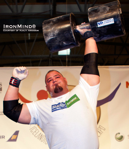 Brian Shaw pounded out 11 reps on the 90-kg Circus Dumbbell, winning both that event and the overall Jon Pall Sigmarsson Classic strongman contest at the premier Icelandic Fitness and Health Expo.  IronMind® | Photo courtesy of Hjalti Arnason.