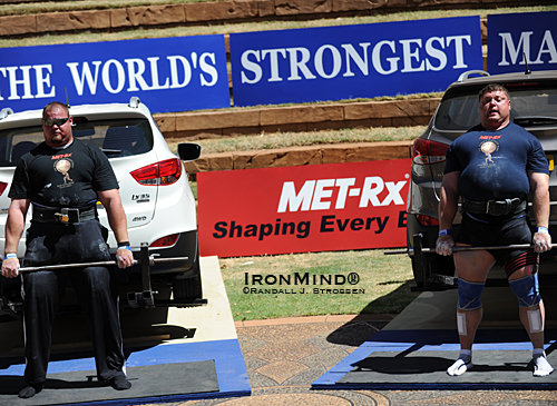 Brian Shaw (left) and Zydrunas Savickas (right) just squared off at the 2010 MET-Rx World’s Strongest Man contest.  See them line up again at Giants Live – Istanbul next month.  IronMind® | Randall J. Strossen photo.