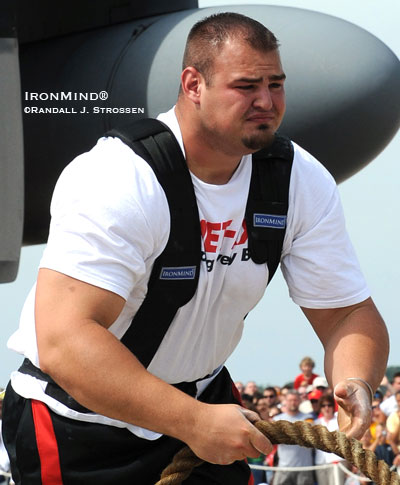 Brian Shaw, shown testing the Plane Pull at the 2008 MET-Rx World's Strongest Man contest, is expected to have a huge 2009, so plan to be on hand when Brian Shaw and other top strongman competitors kick off next year's strongman season at the All-American Strongman Challenge. IronMind® | Randall J. Strossen photo. Brian Shaw, shown testing the Plane Pull at the 2008 MET-Rx World's Strongest Man contest, is expected to have a huge 2009, so plan to be on hand when Brian Shaw and other top strongman competitors kick off next year's strongman season at the All-American Strongman Challenge. IronMind® | Randall J. Strossen photo.