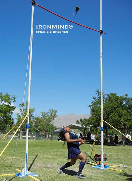 With the bar set at 19 feet, look at the height of Brittany Pryor’s attempt and you can see why she’s likely to be attacking the weight for height world record soon.  IronMind® | ©Francis Brebner photo
