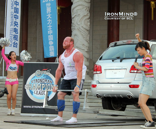 Jean-Francois Caron won the 400-kg car deadlift for reps at SCL–China, beating Zydrunas Savickas by 3 reps.  IronMind® | Courtesy of SCL.