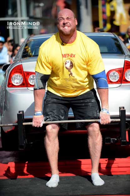 Jean-Francois Caron (Canada) led the charge in the Car Deadlift for reps at the World’s Strongest Man contest today.  IronMind® | Randall J. Strossen photo.