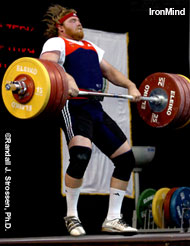 Casey Burgener flies through his opening clean and jerk, 210 kg, at the 2005 World Weightlifting Championships (Doha, Qatar). IronMind® | Randall J. Strossen, Ph.D. photo.